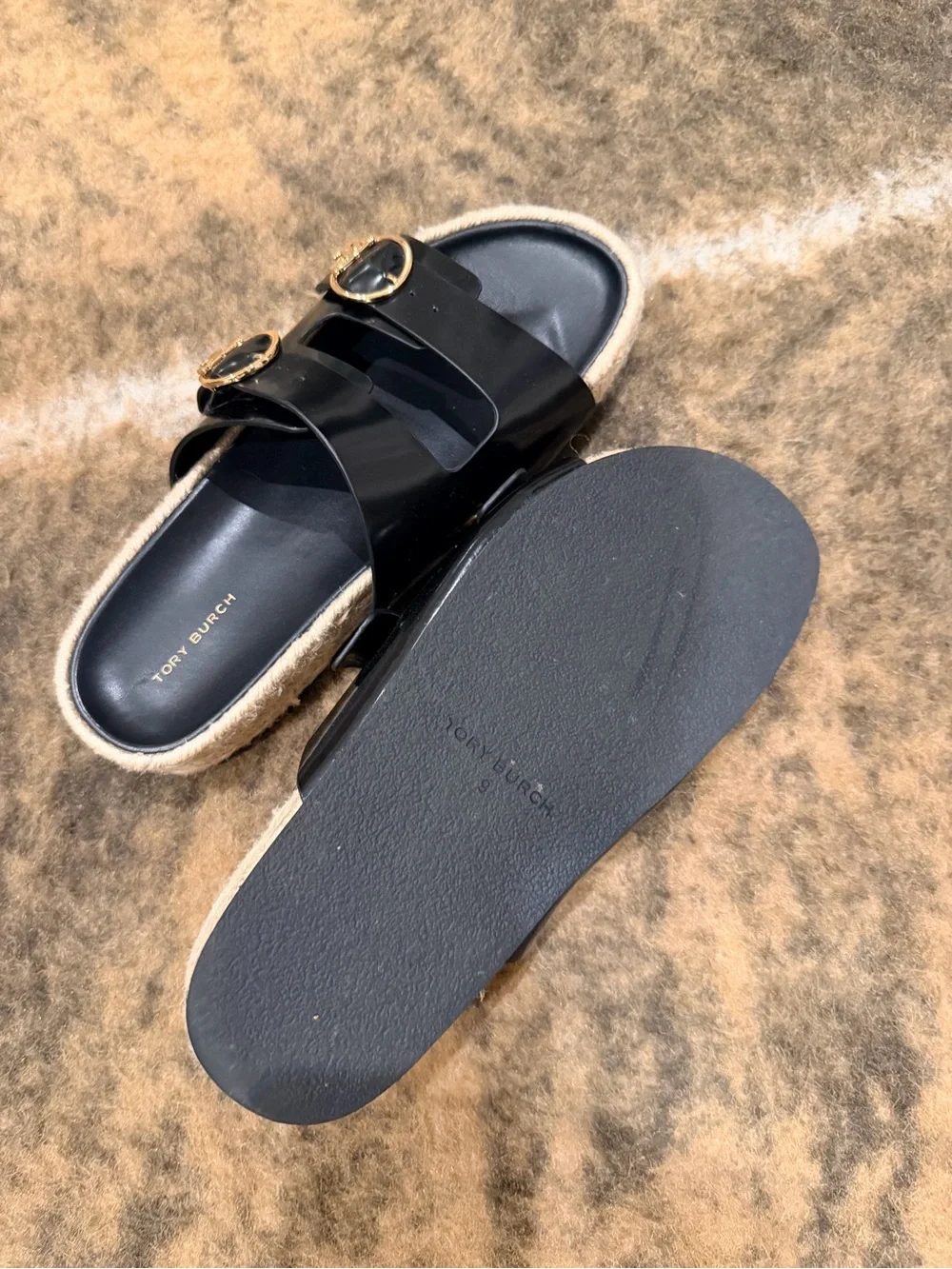 Tory Burch Black Slide Sandals with Gold Logo Buckles